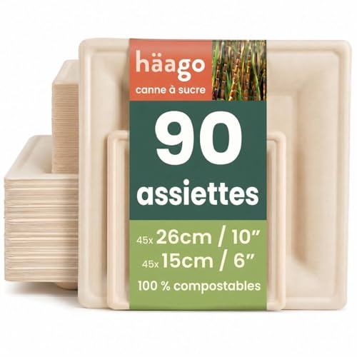 HAAGO Lot de 90 Assiettes Carrées Jetables en Canne à Sucre (Bagasse) – Assiettes Dîner 26 cm / 10