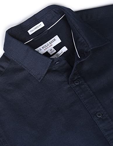 Image of U.S. Polo ASSN. Men's Solid Cotton Linen Tailored Fit Spread Collar Casual Shirt