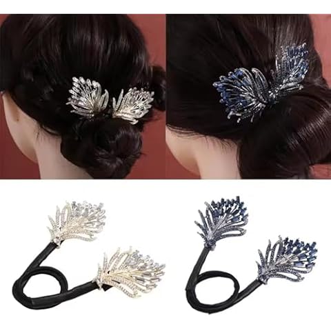 Peacock Display Angel Wings Elegant Hair Bun Maker, Rhinestone Flower Hairstyle Shaper Accessories for Women, Hair Piece Twister, Curler, Hair Pins for Effortless Updos for Long Thick Hair(White+Blue( Cover