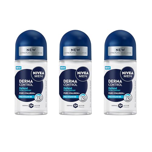 NIVEA MEN Derma Control Defend Roll-On Deodorant 50ml | With Pure Hyaluron and Pro-Vitamin B5 | 72-Hour Antiperspirant for Men | Protects Against Sweat & Odour | Strengthens Skin Barrier (Pack of 3)