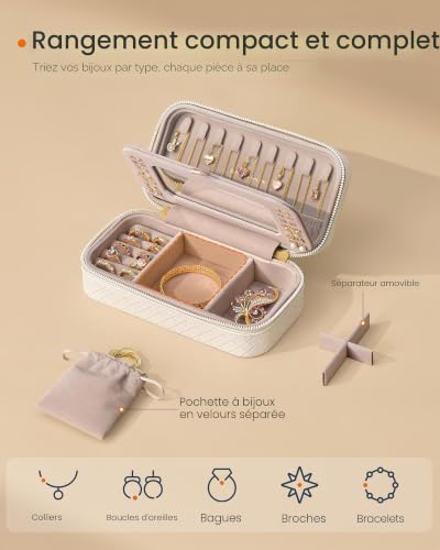 SONGMICS HOME Étui à bijoux de voyage, boîte de rangement à bijoux avec miroir, pochette à bijoux, cuir synthétique tissé gaufré, rangement de bijoux portable, idée cadeau, nuage blanc UJBC197W01 – vue 4