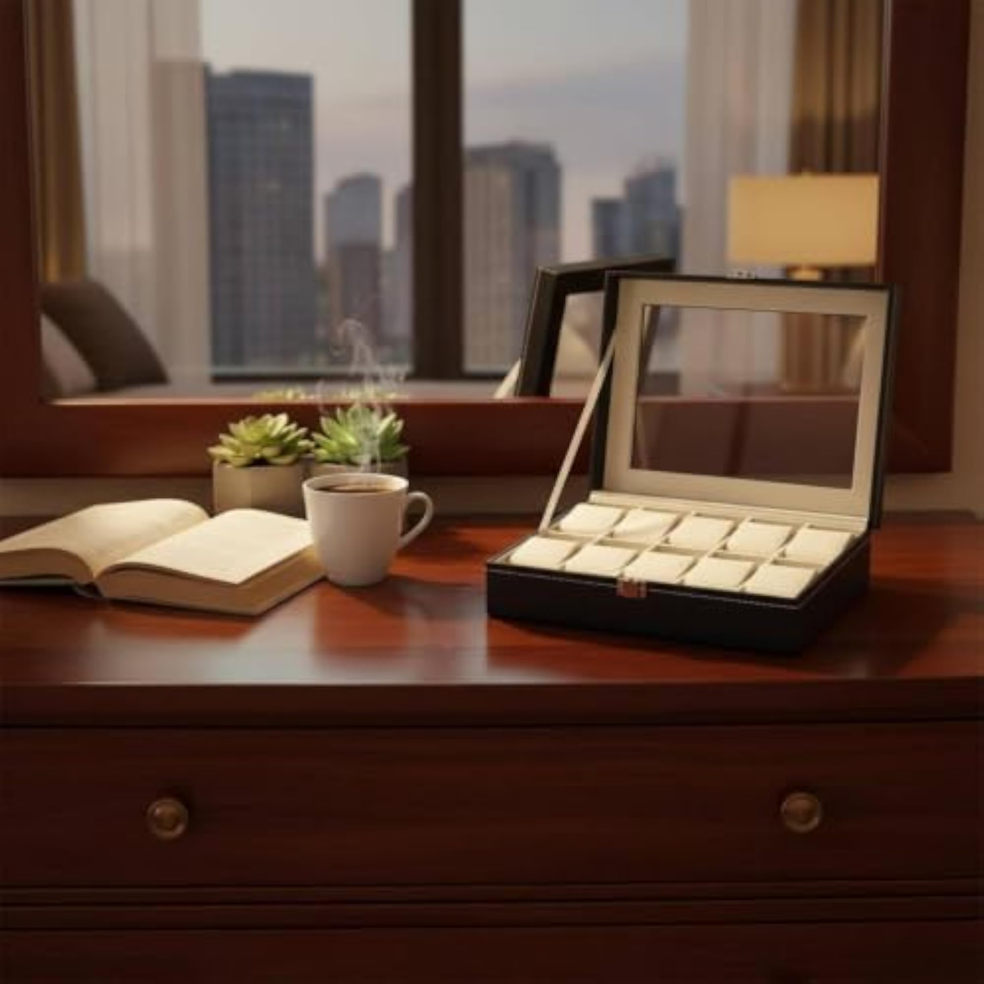 Glass Lid Watch Display Box with Padded Compartments