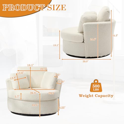 JEEOHEY Oversized Swivel Accent Barrel Chair, 42\'\' W Teddy Upholstered Comfy Round Swivel Chair with Pillows, 360 Degree Modern Lounge Reading Sofa Armchair for Nursery, Living Room, Bedroom(Ivory)