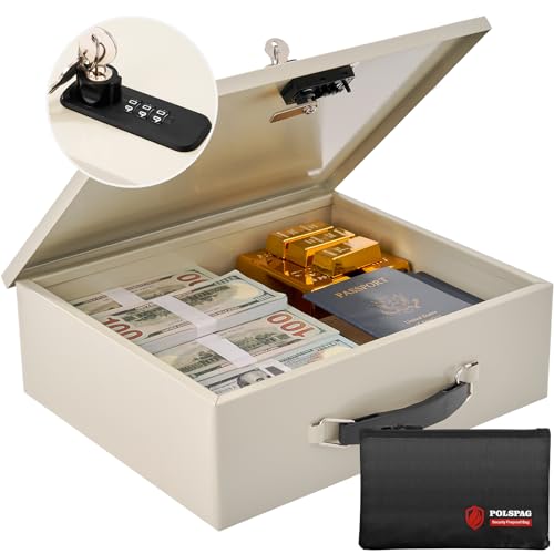 Fireproof Document Box with Key Lock & Fireproof Money Bag,Fire Safe Box for Valuables,Fire Resistance Security Chest,Fireproof Box for Documents,Passport Extra Large (White-Combination, Large) by Polspag - Used condition - US$33.59