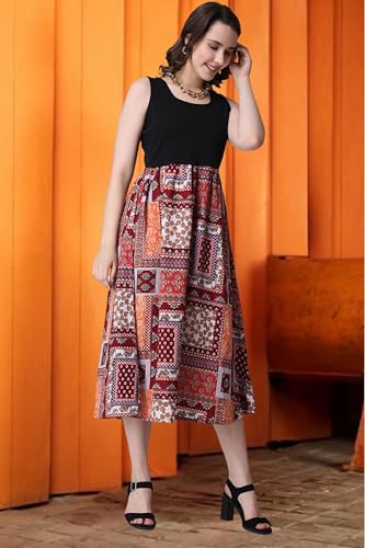 Image of POPWINGS Casual Boho Printed and Solid Peplum Dress for Women || Summer Dresses for Women || Sleeveless Women Dresses || Round-Neck Knee-Length Fit and Flare Stylish Dresses for Women