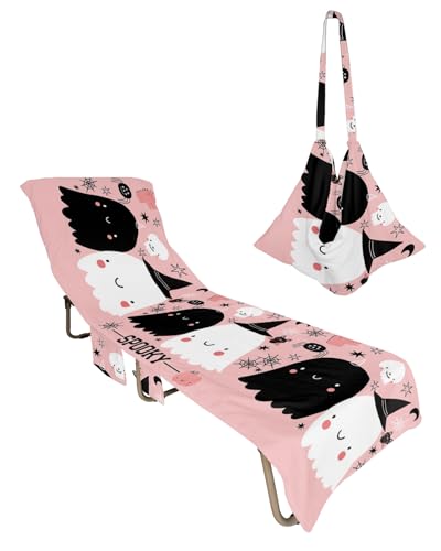 Halloween Beach Lounge Chair Towel Cover, Soft Chaise Lounge Towel with Side Pockets Patio Pool Chairs Cover for Beach/Pool Sunbathing 29x85 Black White Ghost Skull Pink