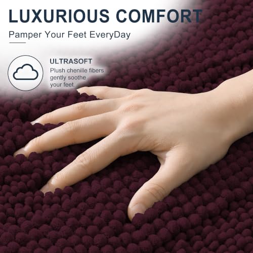 Image of Smiry Thick Chenille Bathroom Runner Rugs 44x24, Extra Absorbent Striped Bath Mat, Machine Washable, Rubber Backing, Long Bath Rugs for Bathroom, Tub & Shower, Home Decor Accessories, Black Cherry