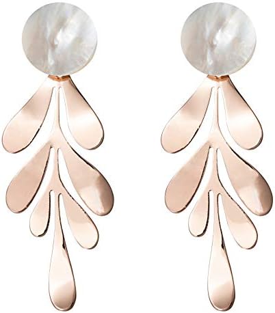 Rose Gold Leaf Dangle Earrings for Women Fashion Statement White Shell Hanging Bridal Elegant Charming Paua Drop Earrings for Girls Idea Gifts For Mom Sister and Friends White