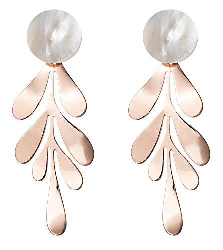 Rose Gold Leaf Dangle Earrings For Women Fashion Statement White Shell Hanging Bridal Elegant Charming Paua Drop Earrings For Girls Idea Gifts For Mom Sister And Friends White #TOP21