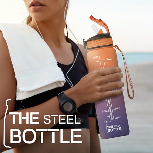 THE STEEL BOTTLE - Borraccia motivazionale 1 Litro con cannuccia e fasce orarie - BPA e Phthalate Free - Bottiglia chiusura ermetica - Ideale per sport, palestra campeggio (Purple & Peach) - 8