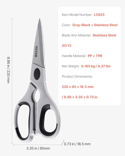 VEVOR Kitchen Scissors, Durable Stainless Steel Kitchen Shears with Protective Sheath, Heavy Duty Cooking Shears Soft Grip Comfort Handle, Kitchen Utensil for Cutting Meat, Food, Fish, Poultry, Grey - Image 7