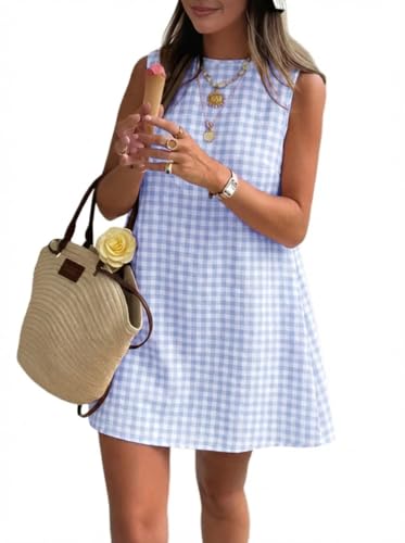 IDEALSANXUN Gingham Dress Women 2026 Spring Summer Beach Vacation Outfits Casual Cute Boho High Neck Sleeveless Plaid Sundress Mini Dress Light Blue S