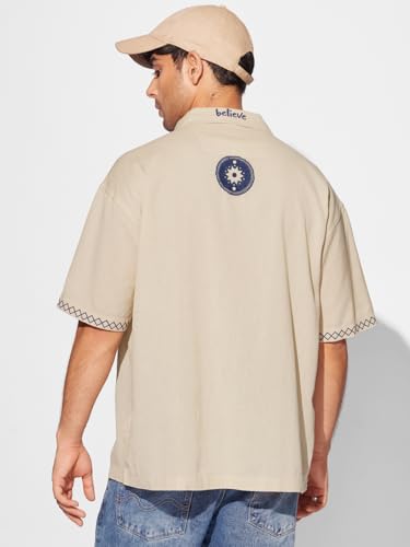 Image of The Souled Store Bloom: Believe Men and Boys Short Sleeves Collared Neck Button Front Beige Embroidered Regular Fit Cotton Shirts