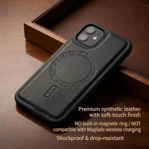 Image of amazon basics Premium PU Leather Case for iPhone 12, MagSafe Compatible Magnetic Ring, Sleek Protective Back Cover - [Black]