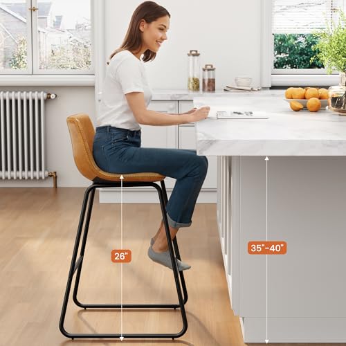 Image of REONEY Bar Stools Set of 4, 26 inch Faux Leather Counter Height Stools, Brown