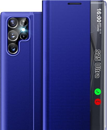 Funda para Samsung S25 Ultra Funda Plegable Piel PC Resistente a Golpes Delgado Espejo Flip Case S25 Ultra 5G Funda con Soporte Clear View Cover para Samsung Galaxy S25 Ultra Funda (Azul)