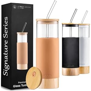 Premium 20oz Glass Tumbler Cup with Straw and Bamboo Lid & Base with Protective Silicone Sleeve – BPA Free – Growler Water Bottle Reusable Drinking Glasses Cup for Iced Tea, Coffee, Smoothie – Amber