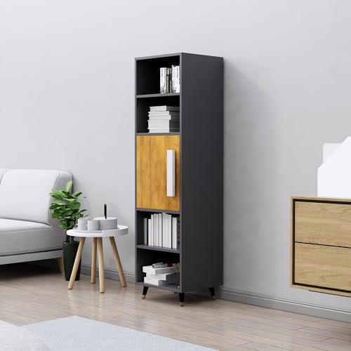 Image of Bniture Bookshelf for Home | Engineered Wood Book Shelf with 1 Door & 4 Shelf | Open Book Shelf Stand for Library | Multipurpose Display Organizer for Living Room & Study | Slate Grey & Giant Wood