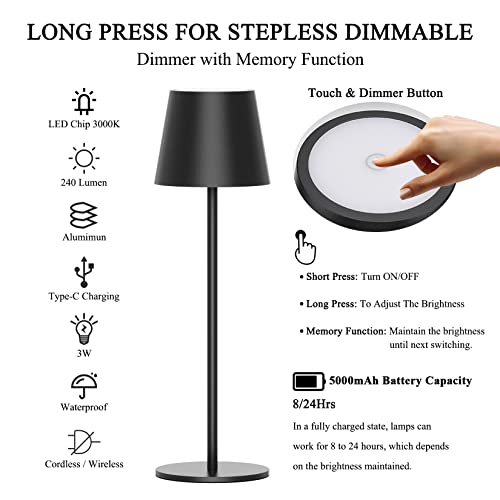 Ralbay 2 Pack Rechargeable Led Table Lamp,Portable Black Outdoor Table Lamp Waterproof 3W 5000Mah Dining Table Lamps, Stepless Dimmable Battery Powered Lamps For Outdoor/Restaurant Home Lighting #TOP4