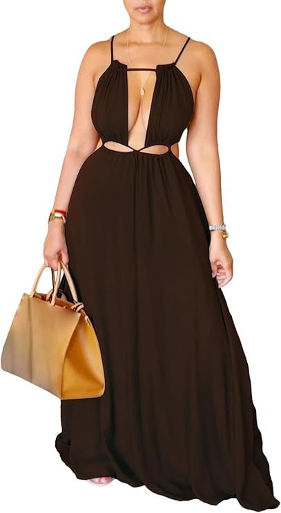Image of Yeshire Womens Summer Spaghetti Strap Maxi Dress Sleeveless Sexy Cutout Drawstring Boho Beach Vacation Party Dresses