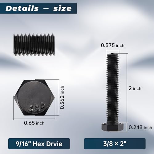 Image of Glvaner 3 /8-16 x 2 Stainless Steel Hex Head Screws Bolts, Black Coated, 304 Stainless Steel 18-8, Hexagon Head Bolts, Full Thread, 10 pcs