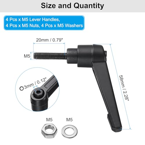 Image of uxcell 4pcs Lever Adjustable Handles M5 x 20mm Metric Male Thread with Nuts Washers, Level Clamping Handle Set Hand Stud Knobs Rotating Screw Handles Bolts with Locking Lever, Black