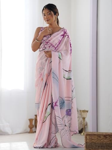 Image of Panzora Women's Chinon Printed Saree With Unstitched Blouse Piece