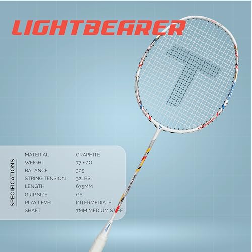 Image of TANSO Lightbearer Full Graphite Ultra Light Weight Carbon Fibre Strung Badminton Racket (32 Lbs Tension, 675 mm Long, 77 Grams, Strung with Premium Strings and Full Racquet Cover)