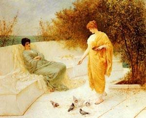 Peinture à l'huile Feeding Doves Schafer pour sublimer la décoration de votre salon classique