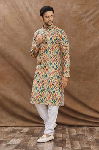 Image of LookMark Men's Cotton Blend Printed Long Kurta Suitable for All Indian Wedding, Occasions, and Festivals