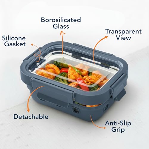 Image of Griplok Glass Lunch Box with Leakproof Lid, Borosilicate Food Storage Container with Silicone Sleeve, Airtight, Microwave /Dishwasher Safe (Glacier Blue, 1x370ml + 1x640ml + 1x1050ml)