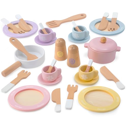 Frogprin 30 PCS Wooden Toy Plates and Dishes for Kids, Play Kitchen Accessories Set, Pretend Play Food Sets for Children Kitchen, Montessori Toys for Girls and Boys
