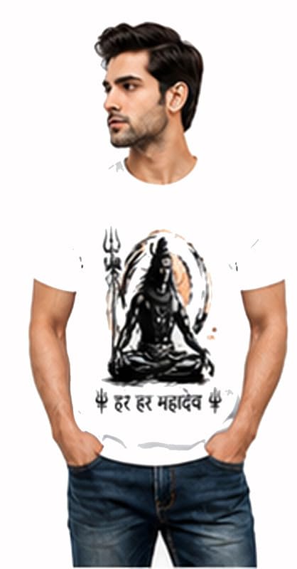 mr fix Men's Har Har Mahadev Kanwar Yatra T-Shirt | Lord Shiva Print Round Neck Half Sleeve, Graphic Tee for Sawan, Kawad Yatra & Mahakal Devotees,-picture-0