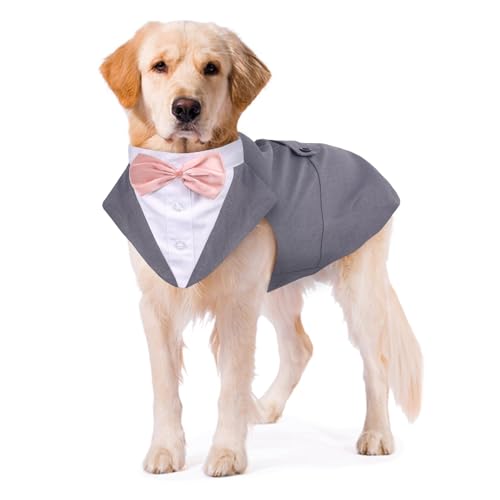 Kuoser Dog Tuxedo Dog Suit and Bandana Set, Dogs Tuxedo Wedding Party Suit, Doggy Prince Bow Tie Shirt Formal Pet Wedding Attire for Large Medium and Small Dogs Golden Retriever Samo Bulldogs
