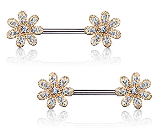 Forbidden Body Jewelry Pair of Surgical Steel 9/16 Inch (14mm) Sexy Pave CZ Flower Nipple Barbells, Rose Gold Tone