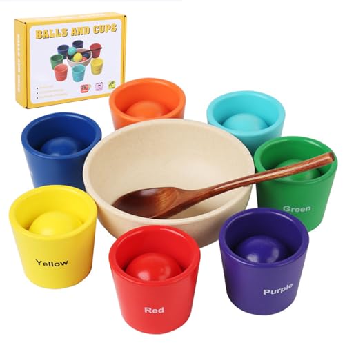 PKKP Montessori Spielzeug ab 1 Jahr, Schwarz Holz Sortier Stapelspielzeug, 7 Kugeln 40 mm Regenbogen Holzkugeln in Tassen, Vorschule für Farbsortierung und Zählen, Geschenk ab 2 3 4 5 Jahr
