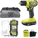 Cordless Drill Set Bundle with Ryobi 18V ONE+ Drill Driver, 3/8 Inch Chuck, 40 Piece Bit Set, 1.5 Ah 18-Volt Lithium-ion Battery, 18-Volt Charger and Buho 16 Inch Tool Bag