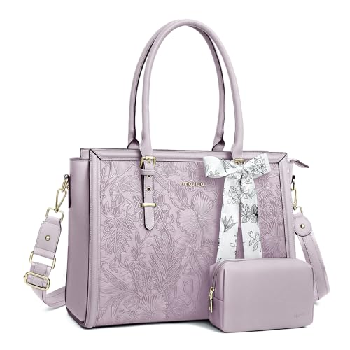Image of MOSISO Laptop Bag for Women, PU Leather Tote Bag, Front Embossed Retro Hibiscus Computer Bags with Silk Scarf&Clutch Purse