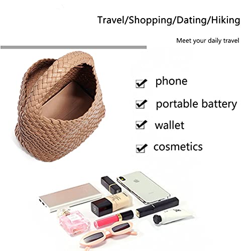 Image of Woven Leather Bags for Women Knoted Women Handbag Designer Shoulder Bucket Purse Handmade Fashion Tote Hobo Bag Small