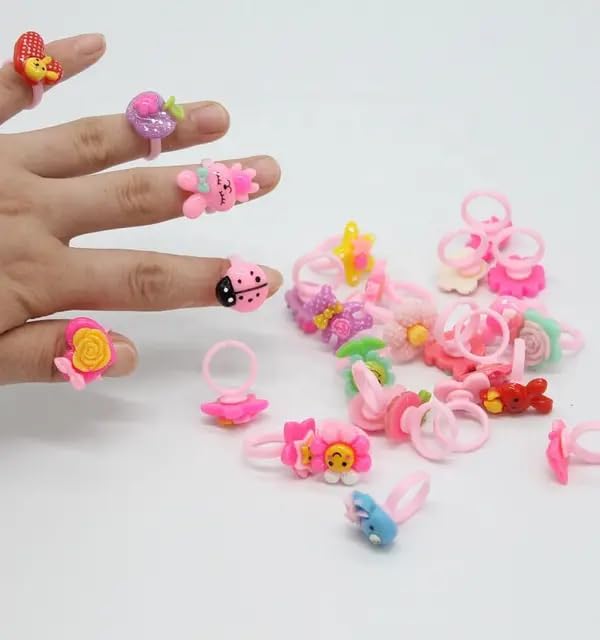 H.O.C HOC Kids Adjustable Rings | Jewellery Rings | Stylish Cute Plastic Cartoon Toy Finger Rings for Toddler Girls and Boys (Random Designs) Pack Of 12 1