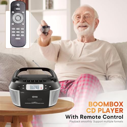 Lettore CD portatile con Bluetooth 5.0, radio AM/FM, cassetta a nastro, riproduzione USB, registratore, telecomando e jack per auricolari, alimentazione a batteria CA/per casa e viaggio