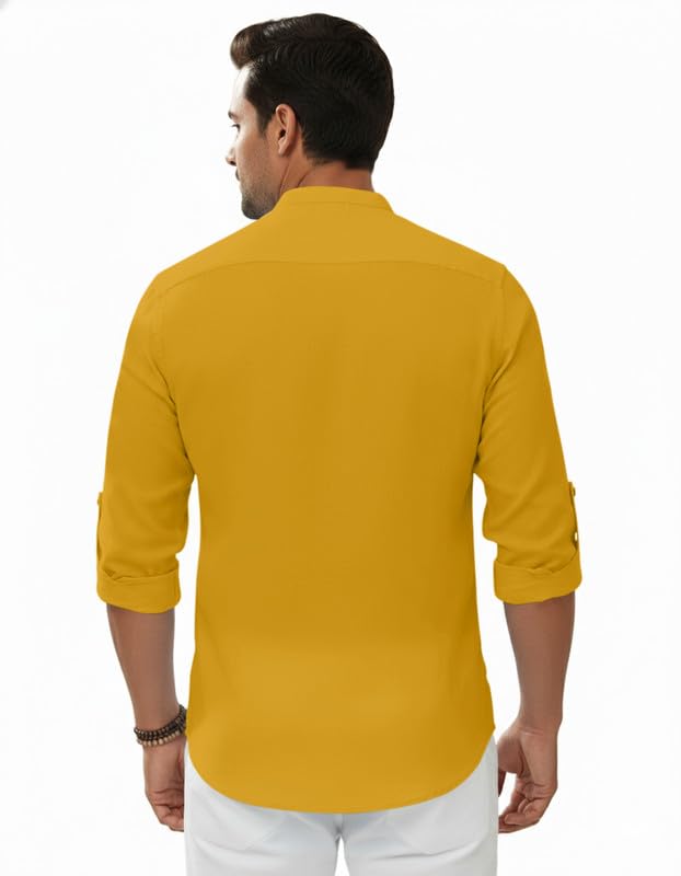 Image of Macsivo Men's Cotton Blend Solid Short Kurta with Regular Lenth Mandarin Neck Full Sleeves and roll-up tab| Kurta Style Shirt for Men
