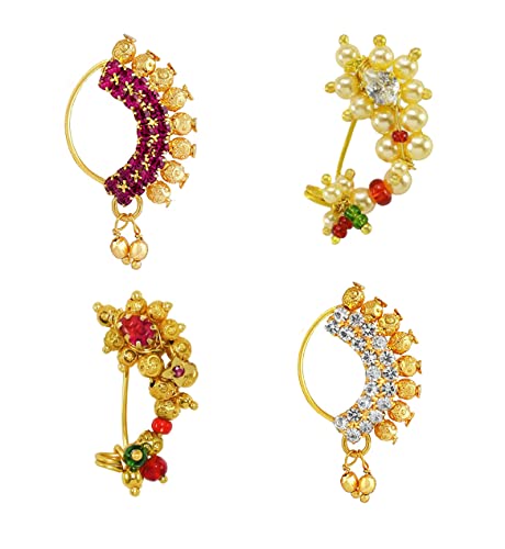 Image of Medium Size Traditional Maharashtrian Banu Nath Nose Stud without piercing Pearl Gold Plated Nath Combo Clip On Nose Ring For Women
