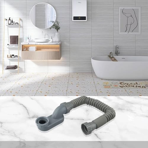 MonoSora Tubo de drenaje de ABS para bañera y ducha, trampa plana en P con diseño de goma flexible para un drenaje eficiente, solución de ahorro de espacio para bañeras independientes, color gris