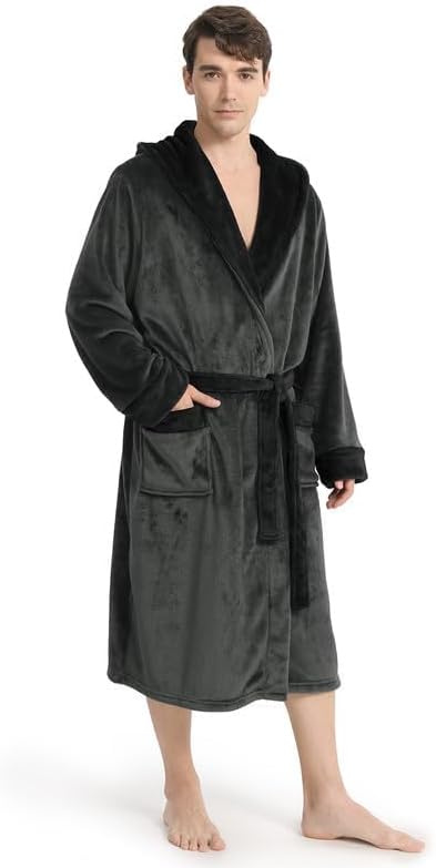 Yurhap Luxury Mens Robe with Hood, Ultra Cozy Fleece Bathrobe for Men, Plush Hooded Robe with Belt & 2 Pockets - Image 3