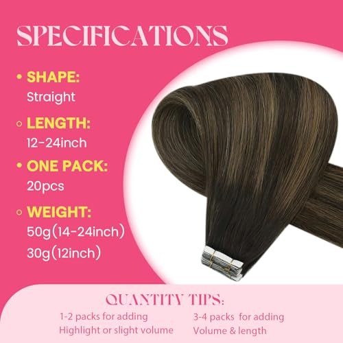 Image of Ve Sunny Hair Tape in Hair Extensions Human Hair 24Inch Long | Darkest Brown with Medium Brown Balayage,50g 20Pcs,Smooth Soft,for Daily Use