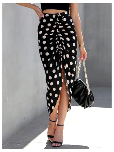 Floerns Women's Polka Dots Drawstring Skirt Ruched Split Front Bodycon Midi Skirts2