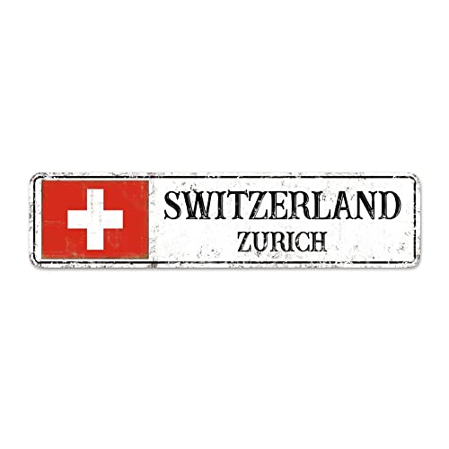 Letreros de metal personalizados de Suiza con bandera de Suiza, letrero de metal de la capital de Suiza, recuerdo de la ciudad del país, letrero de metal de aluminio, decoración rústica del hogar,