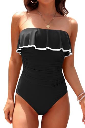 12 Best Off The Shoulder Two Piece Swimsuits for Women Over 50 (2026) 4 Holipick Black with White Strapless One Piece Swimsuits for Women Tummy Control Bandeau Bathing Suits Ruffle Slimming Swimwear L