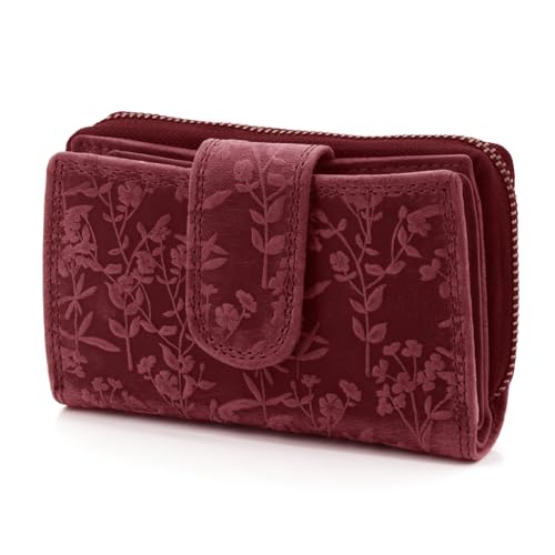 ekavale Leder Geldbörse - Damen Portemonnaie mit Blumenprägung - Sicherer RFID Blocker - Kompakte Brieftasche mit Kartenfächern und klassischem Design für jeden Anlass (Bordo)